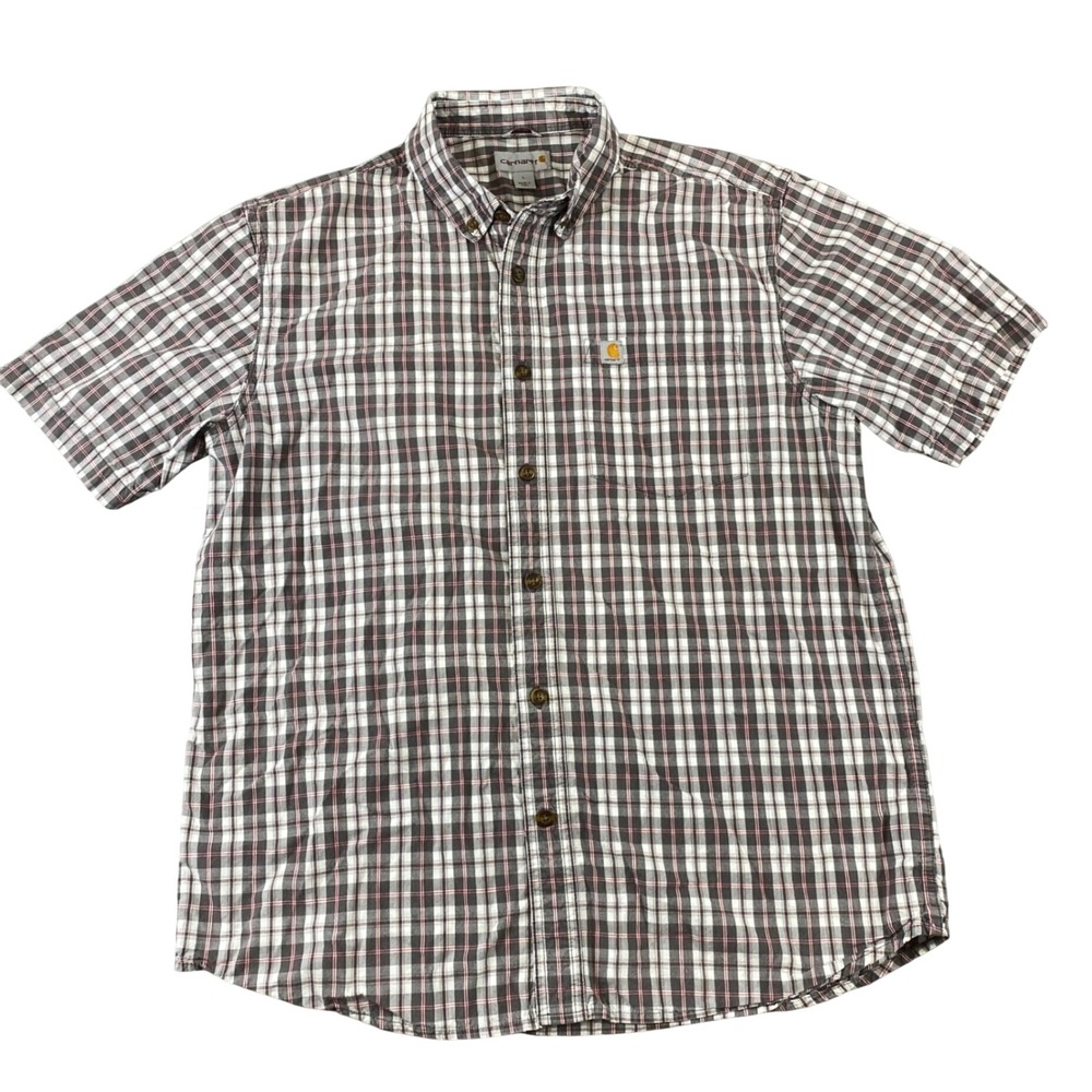 Carhartt Mens Large Relaxed Fit Plaid Short Sleeve Button Down Shirt Gray Red